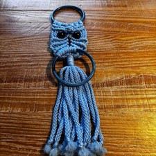 Vintage Handmade Macrame  Blue Owl Towel Holder 21  Retro 1970  s MCM