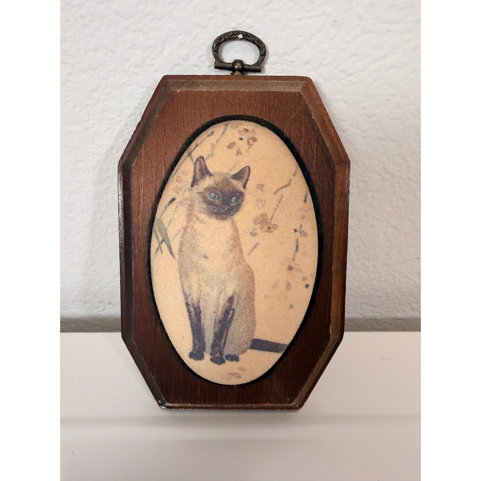 Vintage Siamese Cat Wood Wall Plaque Mid Century Decor Blue Eyed Cat Art