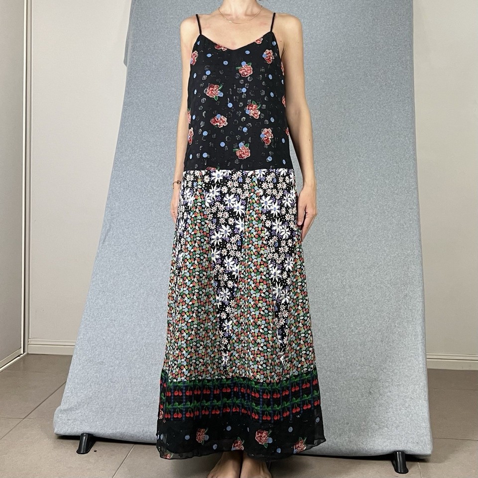 Anna Sui Maxi Dress Womens US 8 AU 12 Floral Strawberry Silk Blend Long Slip USA