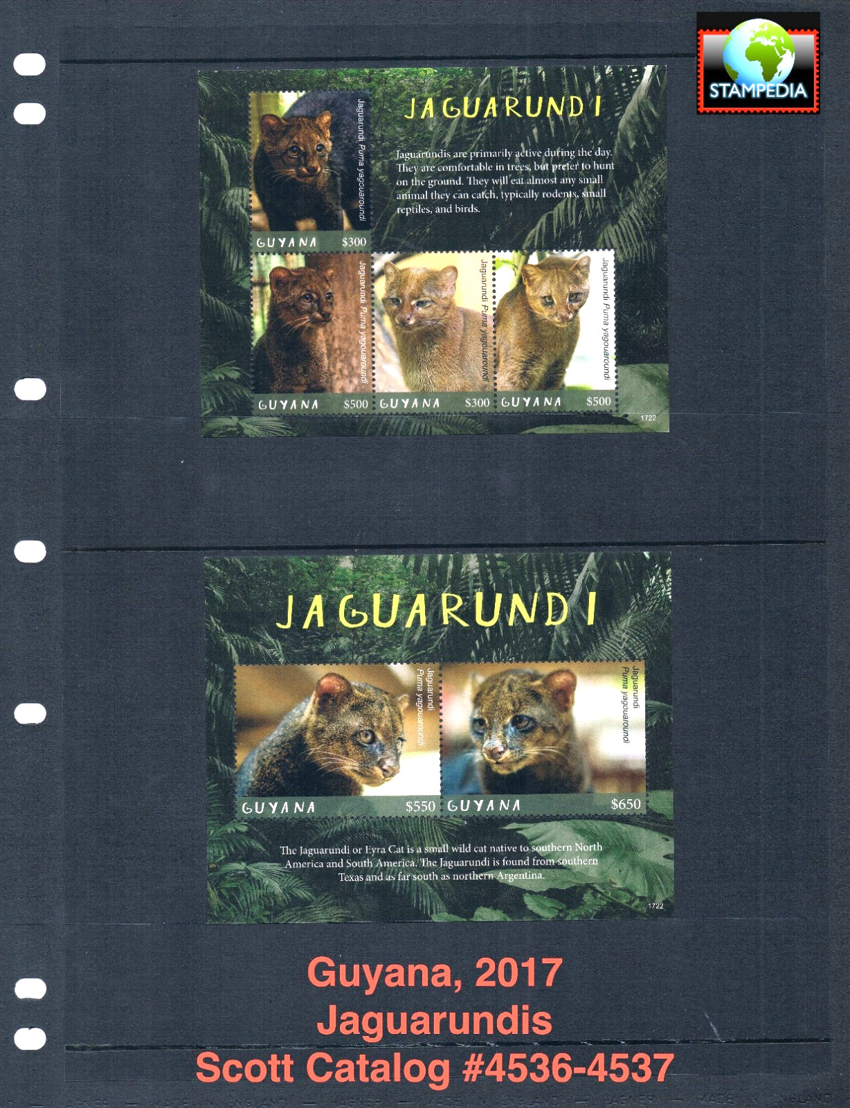 $27.00 Scott Value - 2017 GUYANA Jaguarundis 2 s/s Jaguars Cats CV MNH NH UMM