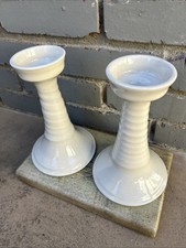 Set of 2 White Ceramic Candlestick Holders Round Transitional Farmhouse 7  Tall