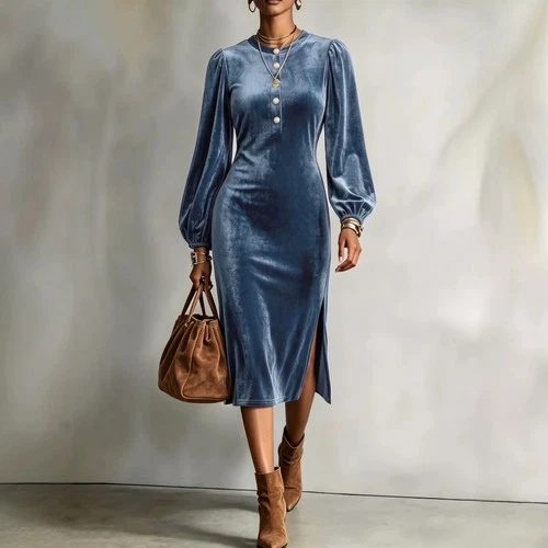 Ladies Velvet Midi Dress Long Sleeve Button Front Side Slit Business Evening
