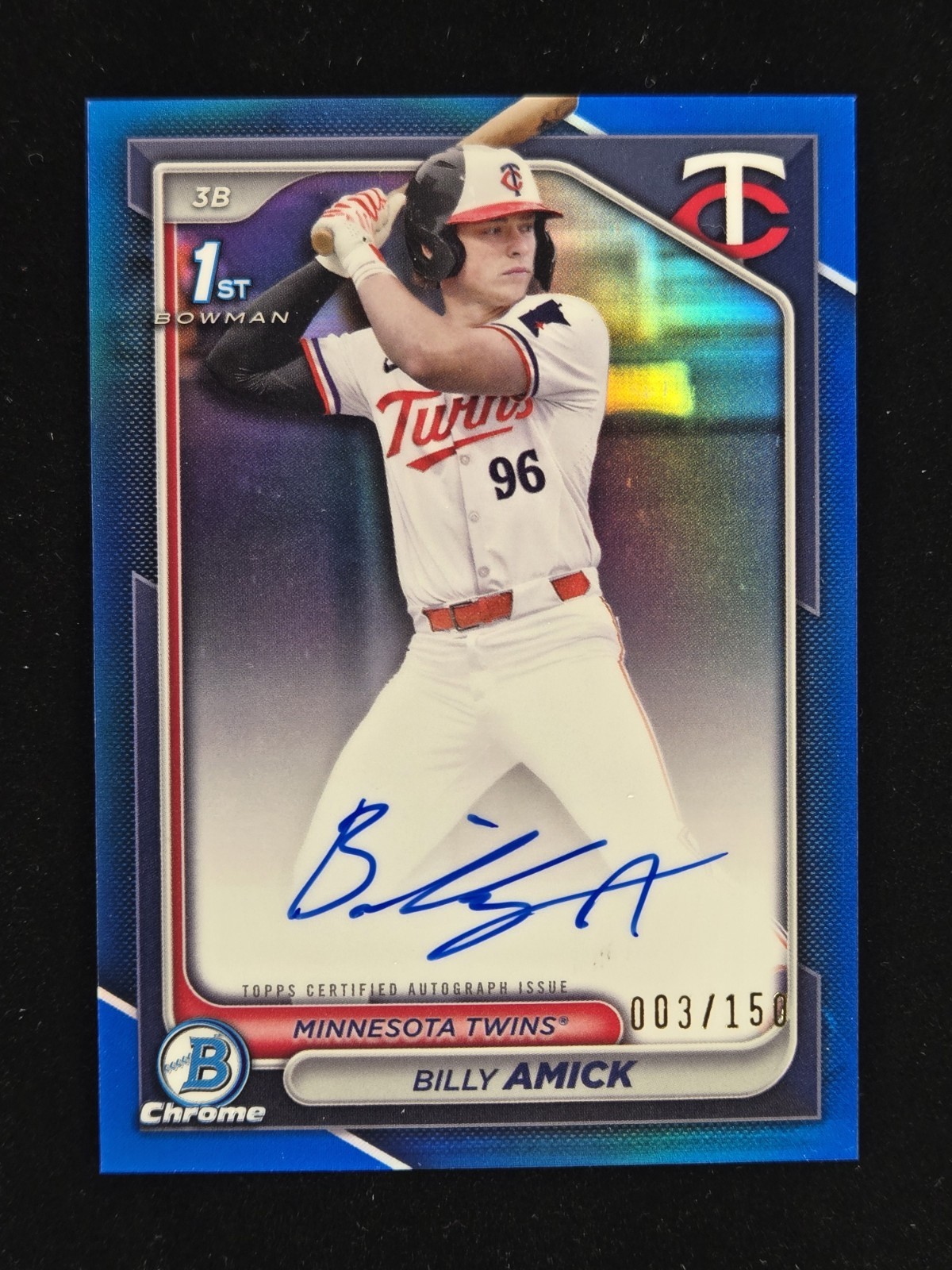 2024 Bowman Draft Chrome Billy Amick 1st True Blue Refractor AUTO 003/150 Twins