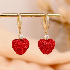 Red Heart Gold Small Dainty Rhinestone Hoop Dangle Earrings for Women
