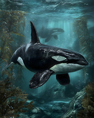 Orca with Contrasting Patches Within an Underwater Setting Digital Art/451062054