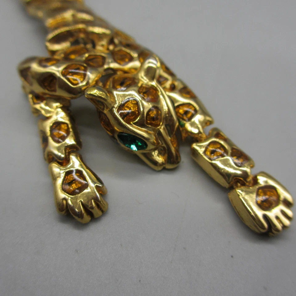 Broche de hombro pantera leopardo estrás articulado ojo verde gato prendedor joyería Foto 3 de 4