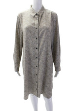 Halston Womens Abstract Print Collared Button Down Mini Shirt Dress Beige Size L