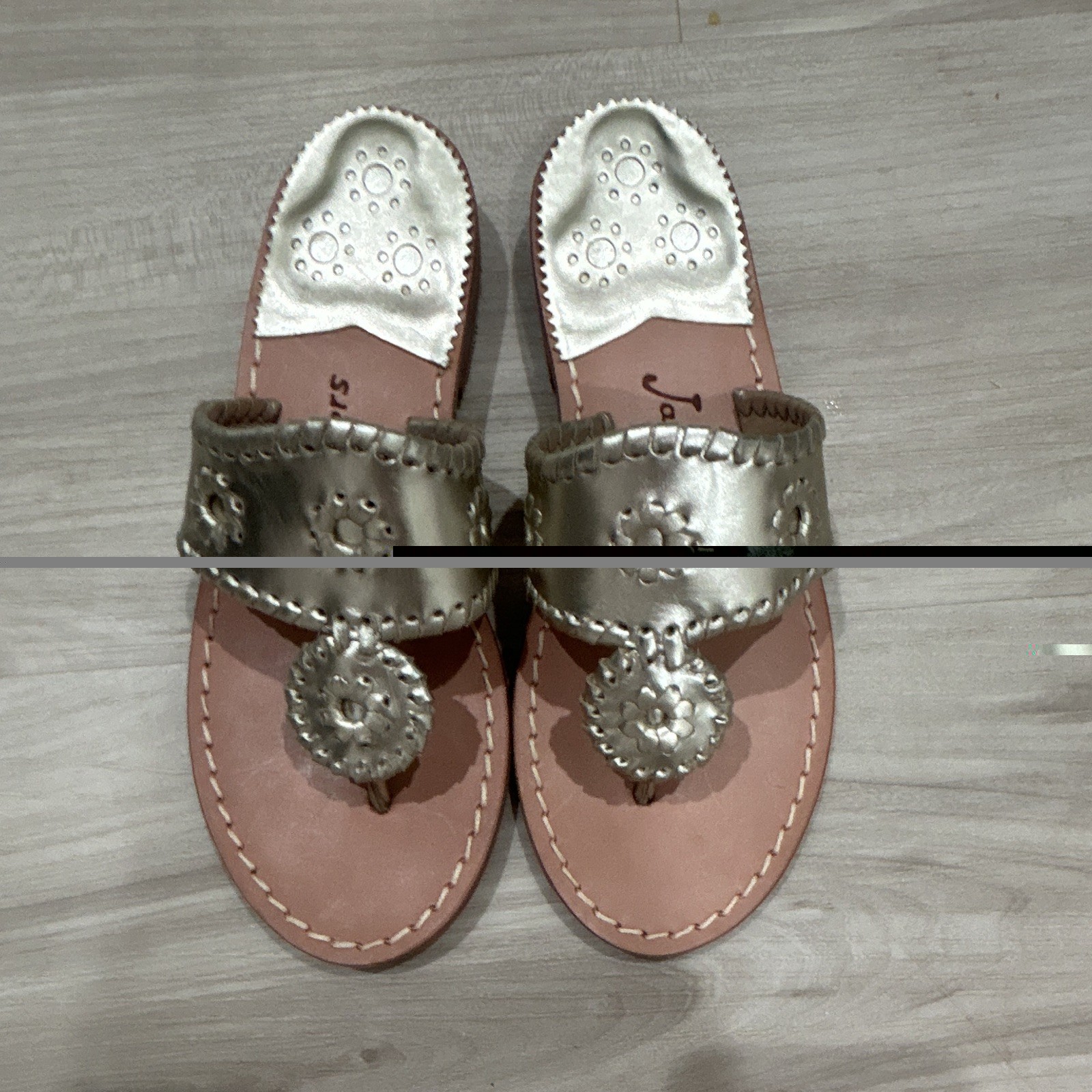 Jack Rogers Womens Platinum Leather Slip On Slide Sandals Embroidered 5W