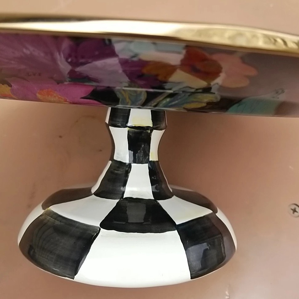 MACKENZIE-CHILDS Black Flower Market & Courtly Enamel Pedestal Platter Small 12”