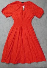 NWT J. Crew Midi Dress Womens L Puff Sleeve Smocked Waist Eyelet Preppy Coral