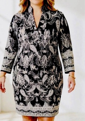 Melle gabrielle Black White Paisley Mock Neck 3/4 Sleeve Button Tunic L