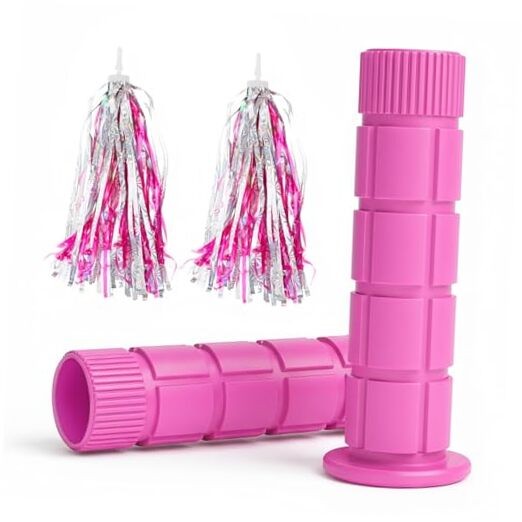  Bike Handlebar Grips, for Kids Girls Boys Pink with Pink Silver Streamers