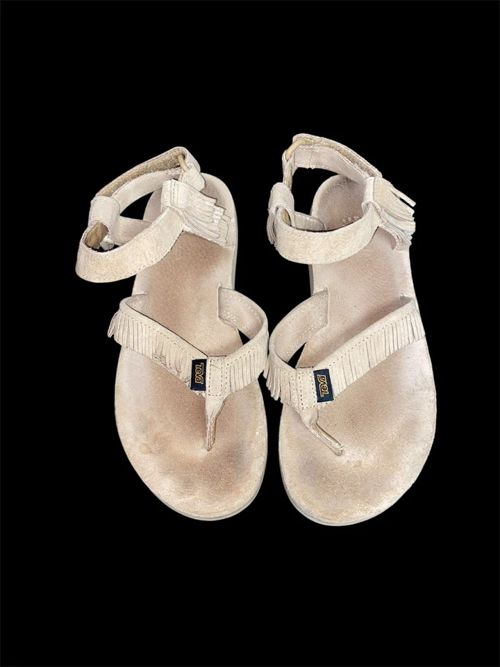 Sandálias femininas Teva de couro original franja lisa tamanho 9 bege conforto hippie - Imagem 3 de 3