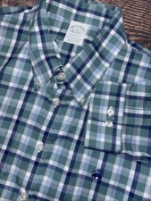 Brooks Brothers Shirt Mens XL Milano Fit Blue Green Plaid Cotton Long Sleeve