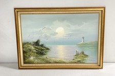Pastel Grassy Seascape at Sunrise Oil on canvas by Adamson Signed. Framed