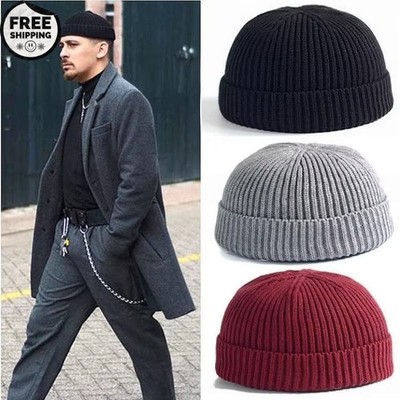Mini Short Fisherman Beanie Hat Ribbed Docker Winter Warm Knitted Skull Cap cuff