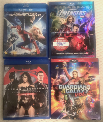 4 Blue Ray DVD Lot, Guardians Vol 2, Batman Vs Superman, Avengers, Spiderman 2