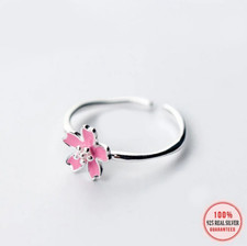 Elegant 925 Sterling Silver Romantic Pink Flower Adjustable Ring Size 6-8 