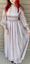 VTG 1970S SMOCKED PASTEL FLORAL PRAIRIE VICTORIAN MAXI DRESS W BISHOP SLEEVES