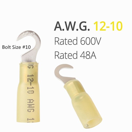 Yellow 3:1 Heat Shrink Hook Terminals 12-10AWG 48A Wire Solder Connectors 50Pcs - Picture 2 of 9