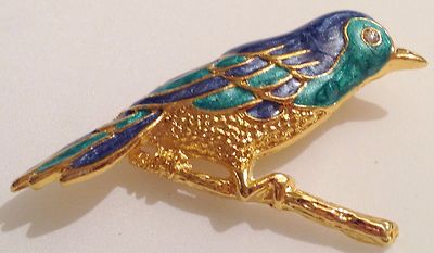 Vintage Brosche Spatz goldfarben Emaille Farbe Solitär Kristalle Diamant 420
