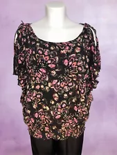 Pure Energy  Size 4 (4X) Flutter Sleeve Cold Shoulder Shirred Top Black Pink