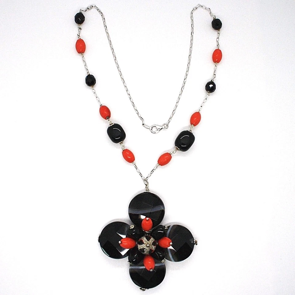 COLLANA ARGENTO 925, AGATA DISCO SFACCETTATA, ONICE, CORALLO, FIORE PENDENTE - Immagine 2 di 4