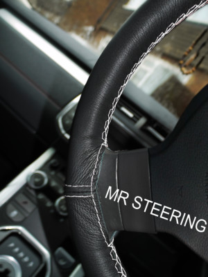 FITS MERCEDES ATEGO 05-12 BLACK LEATHER STEERING WHEEL COVER WHITE DOUBLE STITCH