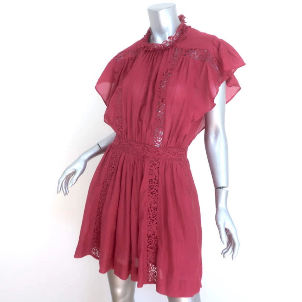 Isabel Marant Etoile Gisele Lace-Trimmed Mini Dress Red Cotton-Blend Size 36 - Image 2 of 4