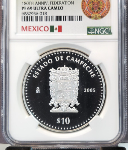 2005 MEXICO SILVER 10 PESOS STATE OF CAMPECHE NGC PF 69 ULTRA CAMEO SCARCE - Picture 3 of 3