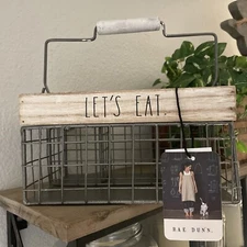 Rae Dunn LET'S EAT Napkin Utensil Holder Caddy Metal Wood Trim Cutlery Organizer