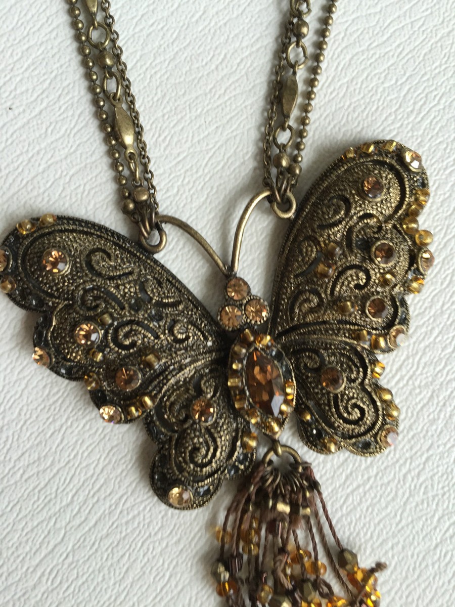 Collier Pendentif Papillon - Signé H. Dubin - Bronze Et Oxydes - Occasion Porté
