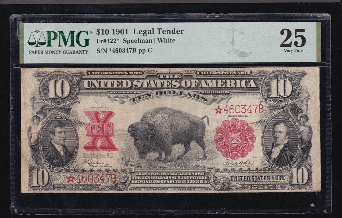 US 1901 $10 Bison Legal Tender STAR* Note FR 122* PMG 25 VF (347