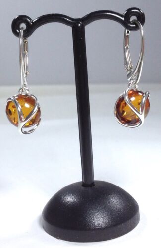 Amber round drop earrings solid Sterling Silver Lever Fit cognac, gift box. - Picture 9 of 12