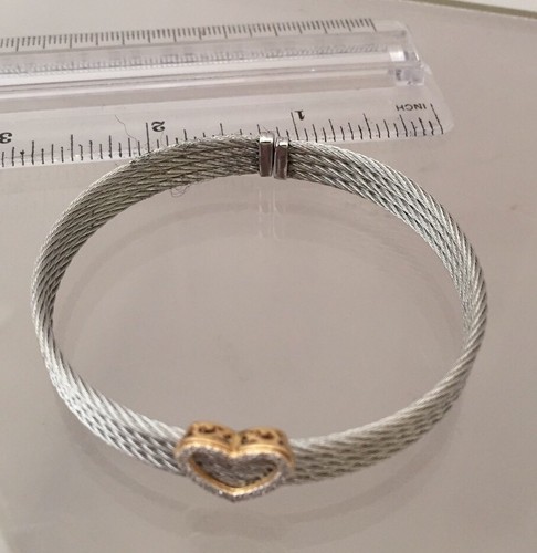 ALOR Classique Oro Amarillo 18K Stainess 4 Hebras Cable Diamante Pulsera Corazón - Imagen 7 de 10