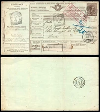 1903 Italy parcel post form to Switzerland – 1.25L Umberto I Mi85 - RARE