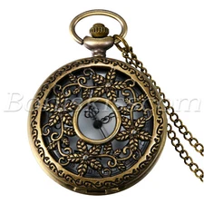 Antique Vintage Bronze Hollow Flower Vine Quartz Pocket Watch Necklace For Gift