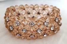 Bridal Pink Faceted Crystal Beads Prong-set Rhinestone Stretch Cuff Bracelet