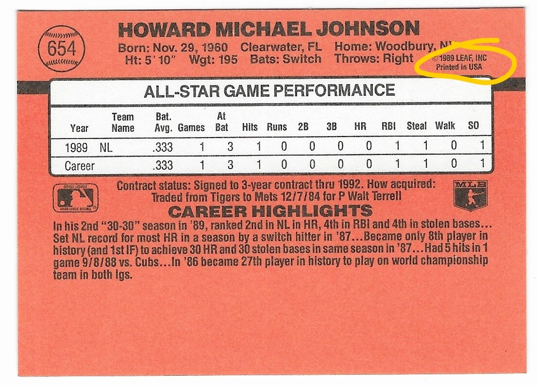 Howard Johnson 1990 Donruss Missing Inc. Dot ERROR Card #654 New