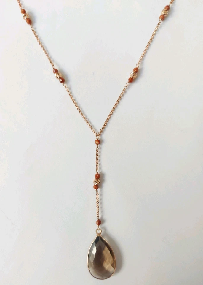 collana in argento 925 laminato oro rosa pietra di luna e goccia di cristallo - Immagine 2 di 4