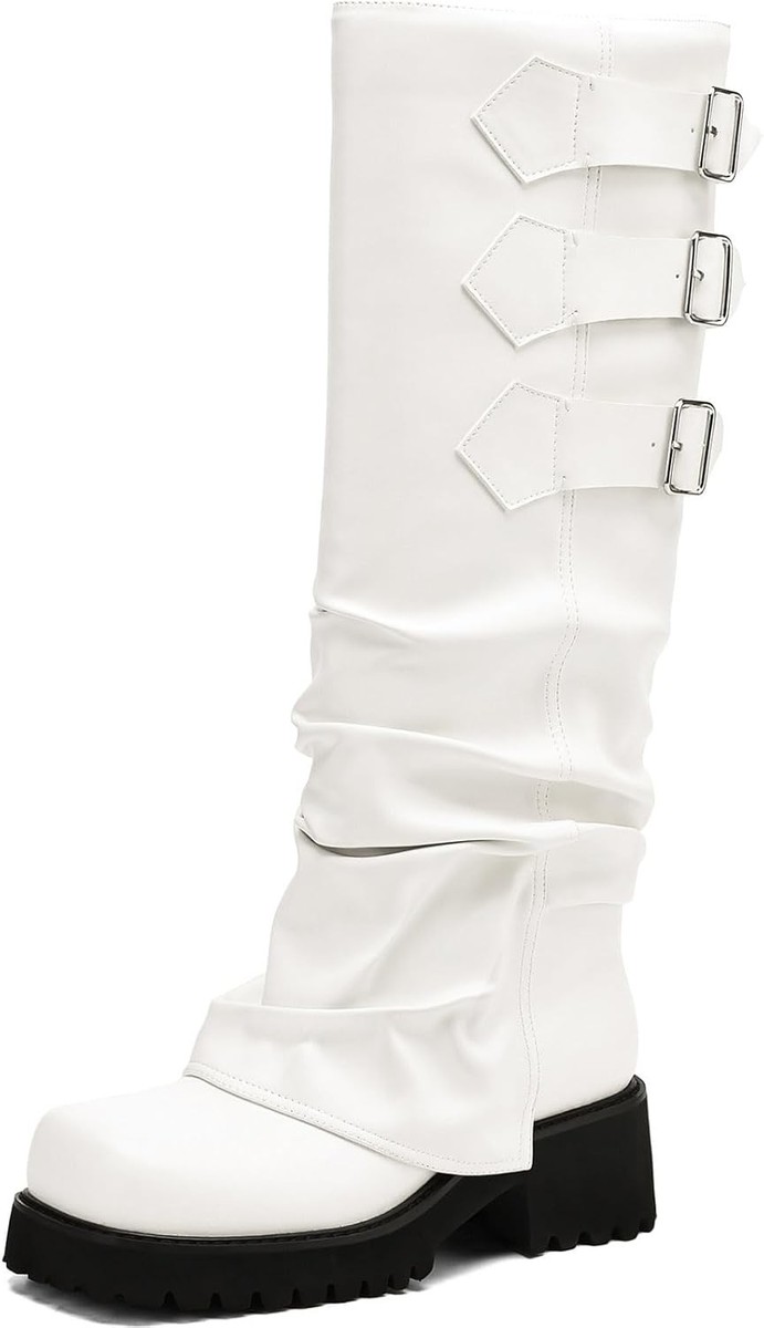 Knee High Boots for Women Fold Over Slouchy Square Toe Biker Boots