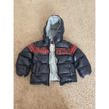 Moncler Enfant Boys Navy Blue Red Logo Puffer Jacket Hooded Down Coat Size 2