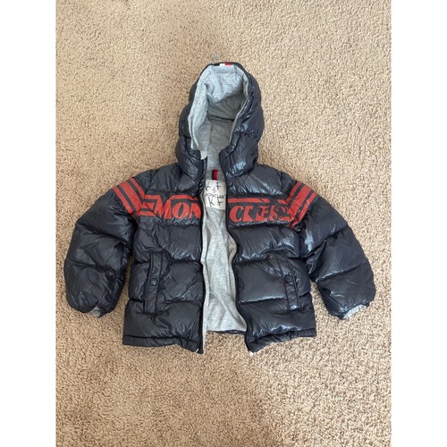 Moncler Enfant Boys Navy Blue Red Logo Puffer Jacket Hooded Down Coat Size 2