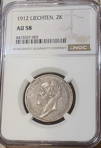 1912 Liechtenstein 2 Kronen Silver Coin John Johann II NGC AU58 Rare 50k Mintage