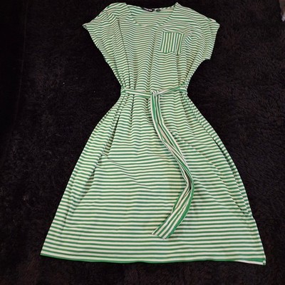 Lands End Womens 1X Striped Knit Tie Waist Dress Green White Short Sleeve Pocket