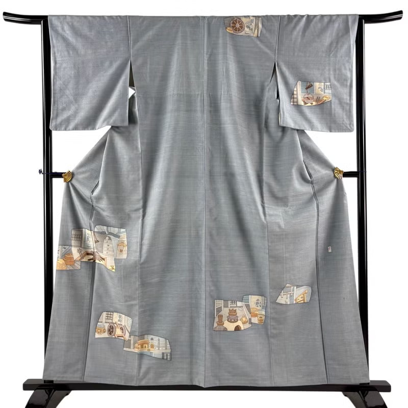 Japanese Silk Kimono S 157cm Bluish gray Landscape Lined Tsumugi fabric 6014584