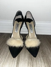 Jimmy Choo Black Satin Fur-Pom D’Orsay Heels Women’s Size 37