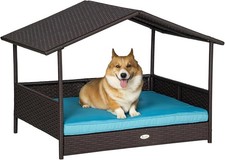 PawHut Wicker Dog House Outdoor with Canopy,Dog Bed with Water-Resistant Cushion