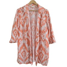 Chico's Orange White Ikat Linen Open Front Topper Jacket Size 1 M 3/4 Sleeve