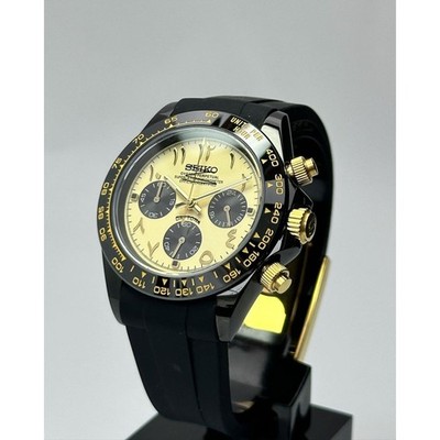 Custom Automatic Watch NH35 Black Case Gold Arabic Dial Rubber Strap Sport 40